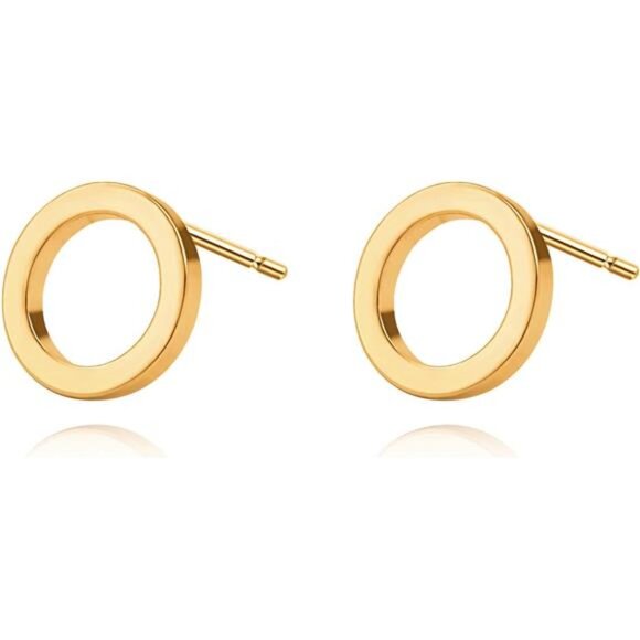 18k Gold Circle Stud Earrings – Minimalist Round Dainty Everyday Jewelry - Picture 1 of 5